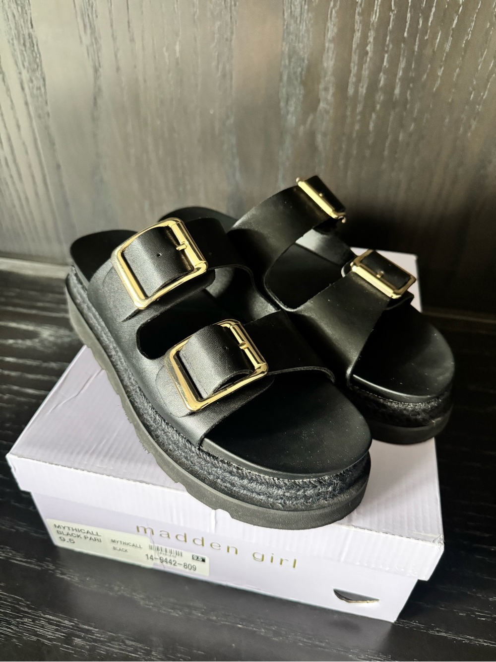 Madden Girl Black Double-Buckle Platform Slide Sandals